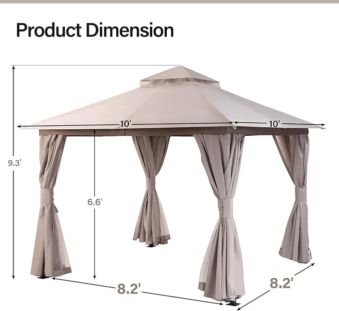 LAUSAINT HOME Semi-Permanent Patio Gazebo 10'x10' with Expansion Bolts, Outdoor Heavy Duty Party Tent with Double Roofs, Mosquito Nettings and Screens for Backyard, Garden, Lawn, Champagne Khaki