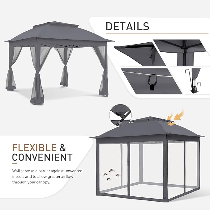 COOS BAY 11x11 Pop Up Gazebo with Mesh Netting, Instant Outdoor Canopy Tent, Water Resistant Shelter with UPF 50+ UV Protection, 121 Sq Ft Coverage, Dark Gray
