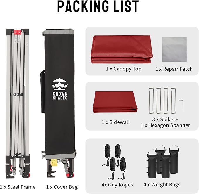 CROWN SHADES 12x12 Pop Up Canopy Tent Instant Commercial with 150D Silver Coated Fabric Including 1 Removable Sidewall, 4 Ropes, 8 Stakes, Weight Bags, STO 'N Go Bag, Red