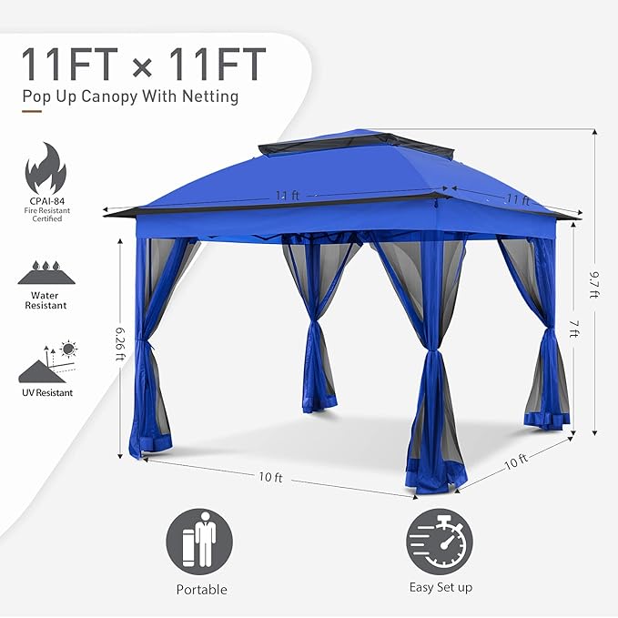 COOS BAY 11x11 Pop Up Gazebo with Mesh Netting, Instant Outdoor Canopy Tent, Water Resistant Shelter with UPF 50+ UV Protection, 121 Sq Ft Coverage, Blue