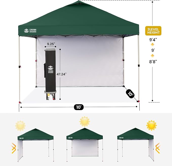 CROWN SHADES 10x10 Pop Up Canopy with 1 Side Wall - Beach Tent with One Push Setup - Outdoor Sun Shade for Events, Parties, Camping - Gazebo with STO-N-Go Cover Bag (Forest Green)