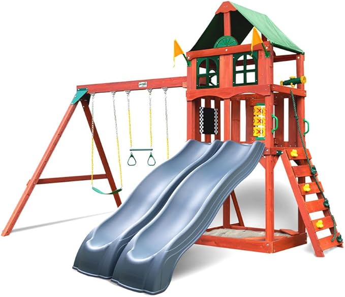 Gorilla Playsets 01-1057-GREY Playmaker Deluxe Wooden Swing Set with Dual Gray Wave Slides, Vinyl Canopy Roof, Swings, and Rock Climbing Wall, Redwood Stained Cedar (Amazon Exclusive)