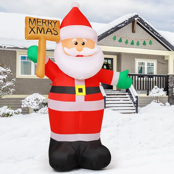 GOOSH 8 FT Christmas Inflatables Santa Claus Outdoor Decorations Blow Up Yard Santa Claus Holding Merry Xmas Sign with Built-in LEDs for Holiday Party Xmas Yard Garden Lawn Decor