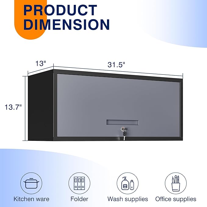 Yizosh Metal Garage Wall Cabinet with Doors, Wall Mounted Metal Storage Cabinet, Floating Garage Tool Cabinet for Garage, Basement, Kitchen, Warehouse (Black Gray, 13.7 H)