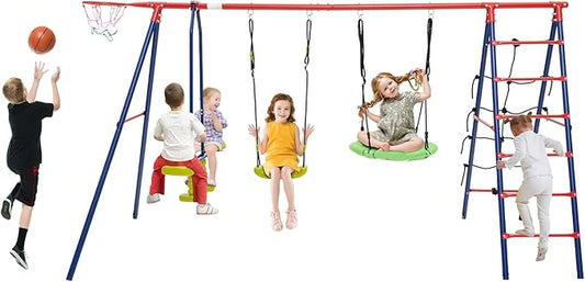 Costzon Swing Sets for Backyard, 6 in 1 Heavy-Duty Metal Swing Set with 2 Swings, Glider, Basketball Hoop, Climbing Ladder and Net, Playground Sets for Backyards, Outdoor Playset for Kids 3+ (Red)