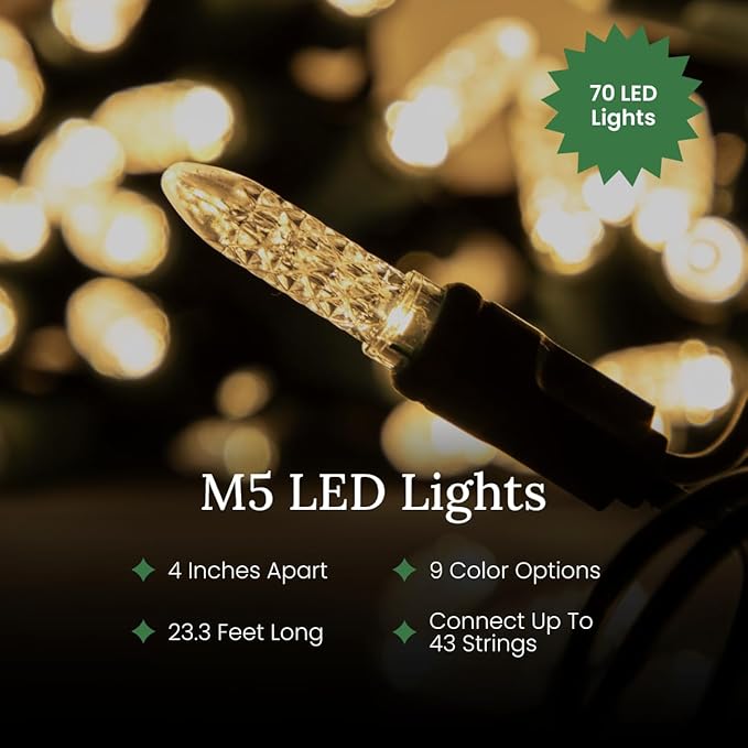 Pro Christmas M5 LED Holiday Lights - 70 Bulbs, 23.3ft - Professional Grade Indoor Outdoor Diamond Cut Sparkle Light Strings for Home Decorations and Christmas Trees - 2800K Warm White