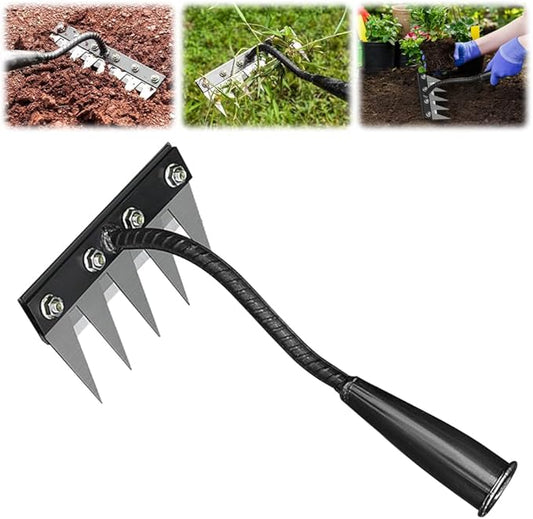 Iron Rake for Gardening and Weeding, 5/6/7/8 Teeth Heavy Duty Iron Weeding Rakes, Rake for Dethatching Lawn, Gardening Weed Puller Tool, Garden Weeding Tools for Backyard Lawn Loosening (5 teeths)