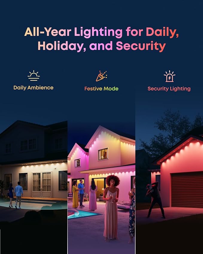eufy Permanent Outdoor Lights S4, 3D Radar-Activated, 150ft with 108 LED Lights, Smart RGBWW for Halloween and Christmas Decorations, AI Light Themes, Music Mode, Matter Support, IP67 Waterproof