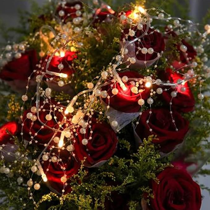 OVV Christmas Decorations 13FT Pearl Garland String Lights 40LED Festive Lighted Berry Beaded Indoor Xmas Decor Warm Lights for Bedroom Mantel Wedding Party Battery Operated (White)