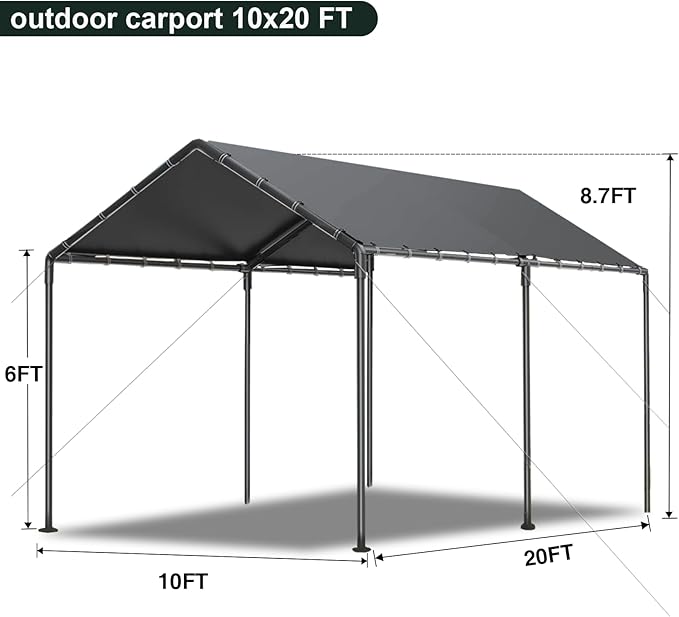 10x20 Heavy Duty Carport, Outdoor Carport Shelter with Reinforced Frame and Stakes, Waterproof Garage Car Port Tent (Gray)