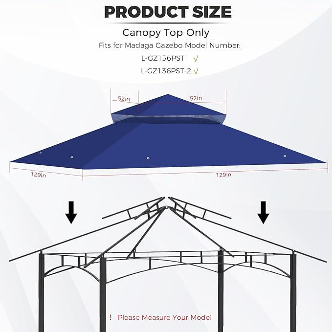 Gazebo Replacement Canopy Top Waterproof Cover, Fits Model L-GZ136PST, Double-Tiered and UV-Resistant (Blue)