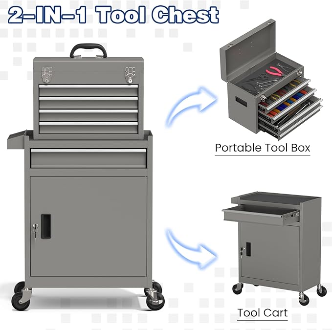Rolling Tool Box with Wheels, 5-Drawer High Capacity Tool Chest with Wheels, Removable Storage Toolbox with Lock for Garage, Workshop (Grey)