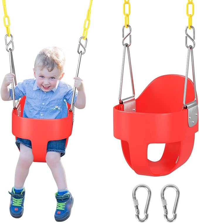 DECORLIFE Toddler Swing - High Back Full Bucket Seat for Ages 1-3, 330lb Capacity, Baby Infant Swing Outdoor with Safety Design, Plastic-Coated Chains, Carabiners for Backyard, Garden-Red