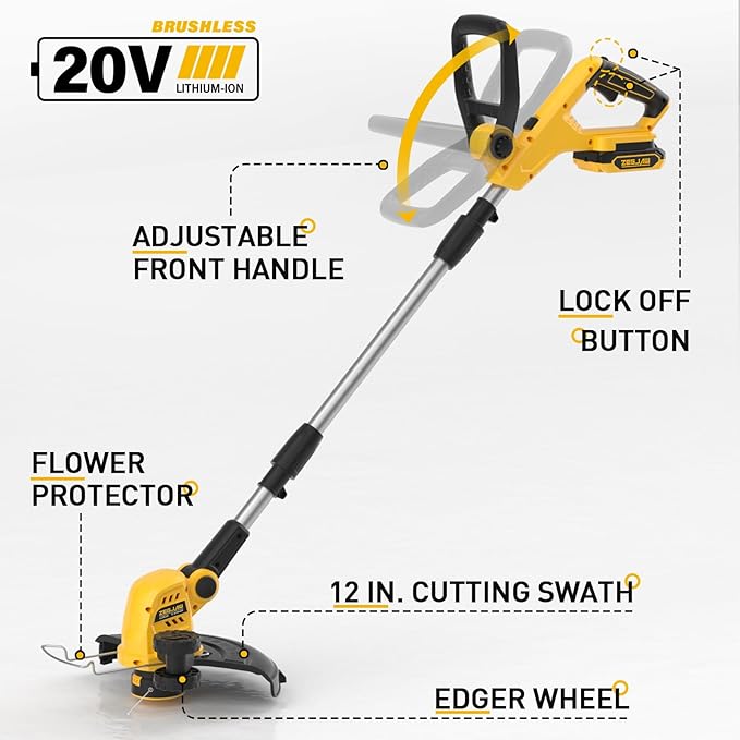 Cordless String Trimmer and Edger, 12 Inch 20V Weed Wacker Battery Operated Lawn Edger with 8 Pcs Replace Spool Trimmer Lines - Battery & Charger Included