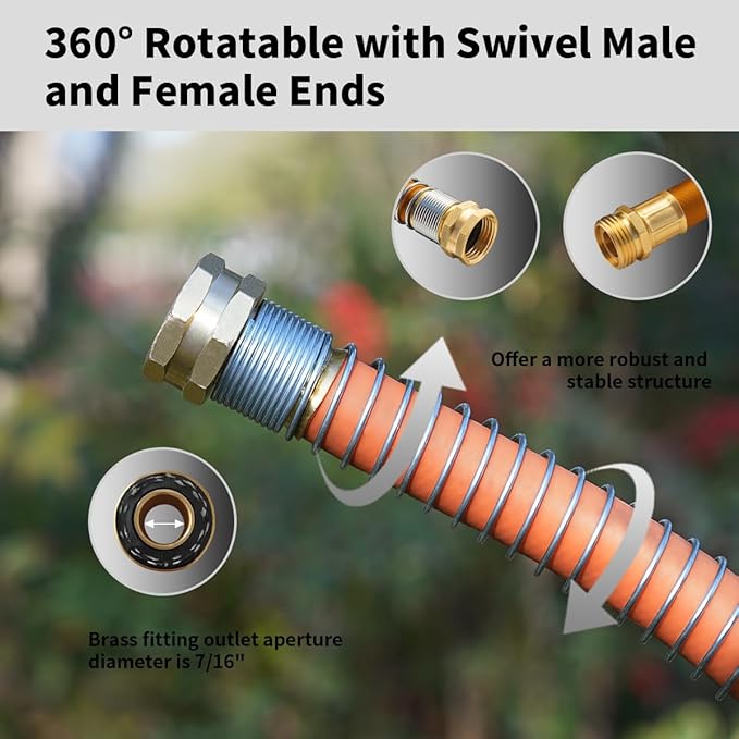 WiseFlow Garden Hose 25FT x 5/8, Heavy Duty Rubber Hose, Water Hose with Five Layered Braiding, Male Female Fittings, 1000PSI Burst, 300PSI Working (Orange)