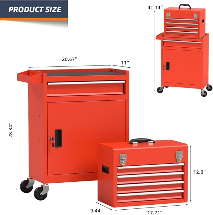5-Drawer High Capacity Rolling Tool Box, Removable Cabinet Storage Tool Chest with Wheels and Drawers, Detachable Toolbox with Lock for Mechanics Garage Workshop and Tool Room (Red)