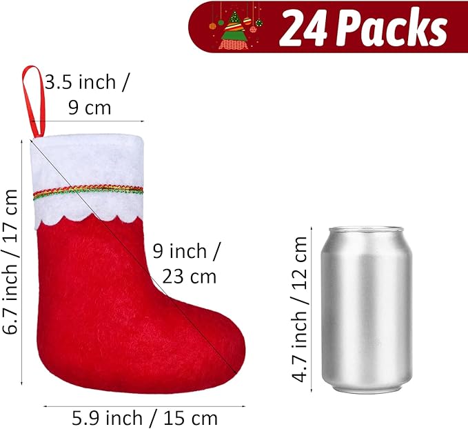 ANVAVO 24 Pack Christmas Stockings 9 Inch Red Felt Xmas Stockings Christmas Tree Hanging Ornaments for Xmas Wall Fireplace Door Window Decorations
