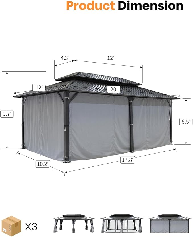 12' x 20' Hardtop Gazebo, Outdoor Patio Gazebo, Aluminum Frame Patio Hardtop Gazebos with Netting and Curtain, Outdoor Patio Pergola with Double Steel Roofs for Deck, Lawn, Parties, Slate Gray