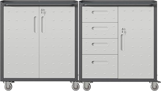 Metal Tool Cabinet,Garage Storage Cabinet System,Wall Cabinet & Locking Rolling Tool Cabinet with Doors and Adjustable Shelves,Steel Tool Cabinets for Home (2 Pcs-Styled, Black & Grey)