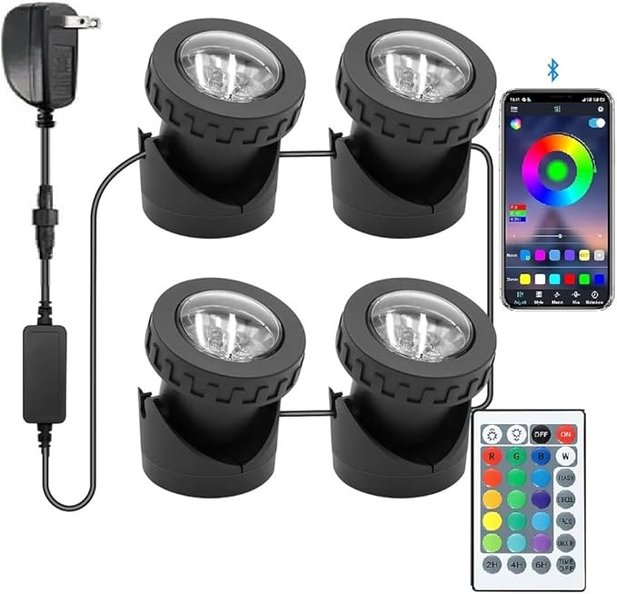 Colored Pond Lights with Timer, APP Control RGB Fountain Light IP68 Waterproof, Dimmable Outdoor Landscape Lights for Fish Tank Pond Fountain Garden (4 Lights)