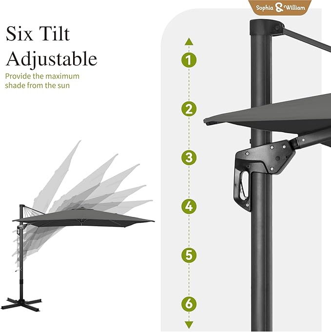 Sophia & William Cantilever Patio Umbrella 9x12ft, Large Outdoor Umbrellas with Crank Handle, 6-Level Tilt,360° Rotation, Windproof, Crashproof,Design for Pool Garden Backyard (Grey)