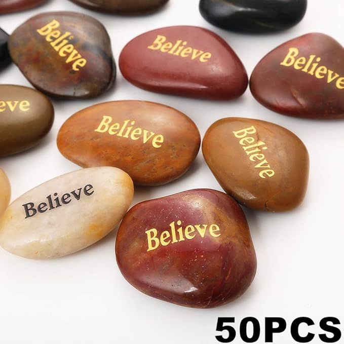 ROCKIMPACT 50PCS Believe Believe Stone Engraved Rocks Inspirational Gifts Prayer Stones Zen Chakra Gratitude Rocks Palm Pocket Motivation Encouragement Rocks Wholesale Believe Rock, 2"-3" Each