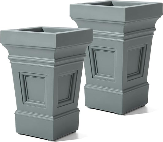 Step2 Atherton Square Planter, Large Planters for Outdoor Plants, Gardening and Flower Pot for Patio or Porch, Efficient Drainage, Durable Plastic, Sage Gray, 2-Pack
