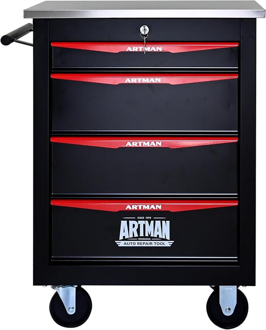 RYH 4/5/6/7 Drawers Rolling Tool Chest -Heavy Duty Mobile Metal Tool Box with Locking Wheels, with Stainless Steel Worktop, Garage Tool Storage Cabinet (Black, 4-Drawers 30.7 H¡¿22.2 W)