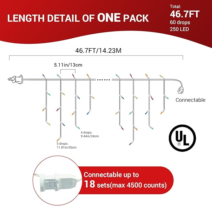 New One Multicolor Icicle Lights with 2 Cord Reels, 2 Pack Totalling 93.4FT, 240 Drops 500 LED Connectable Christmas String Lights with White Wire, Holiday Party (46.7 FT 250 LED 120 Drops for 1 Pack)