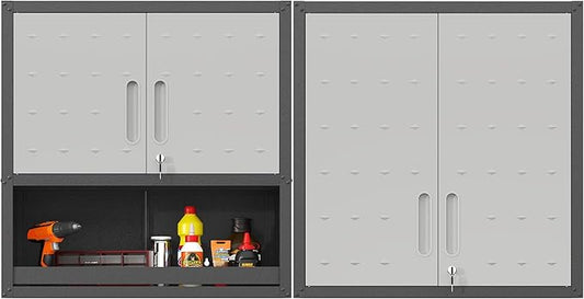 Metal Tool Cabinet,Garage Storage Cabinet System,Wall Cabinet & Locking Rolling Tool Cabinet with Doors and Adjustable Shelves,Steel Tool Cabinets for Home (2 Pcs-StyleA, Black & Grey)