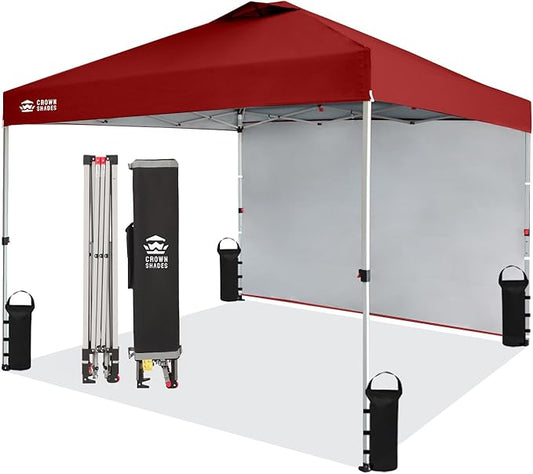 CROWN SHADES 10x10 Pop Up Canopy with 1 Side Wall - Beach Tent with One Push Setup - Outdoor Sun Shade for Events, Parties, Camping - Gazebo with STO-N-Go Cover Bag (Red)