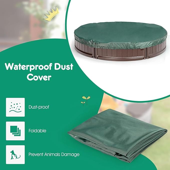 Costzon Round Kids Sandbox with Cover, HDPE Sand Pit w/Detachable Built-in Seating & Bottom Liner for Backyard, Garden, Beach, Lawn, Outdoor Sand Box for Kids Age 3+