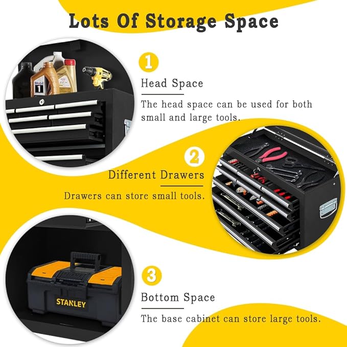 13-Drawer Rolling Tool Chest with Double Door Handle, 2 in 1 Detachable Tool Chest, Large Tool Storage with Wheels, Lockable Tool Cabinet for Garage, Barbershop-Black