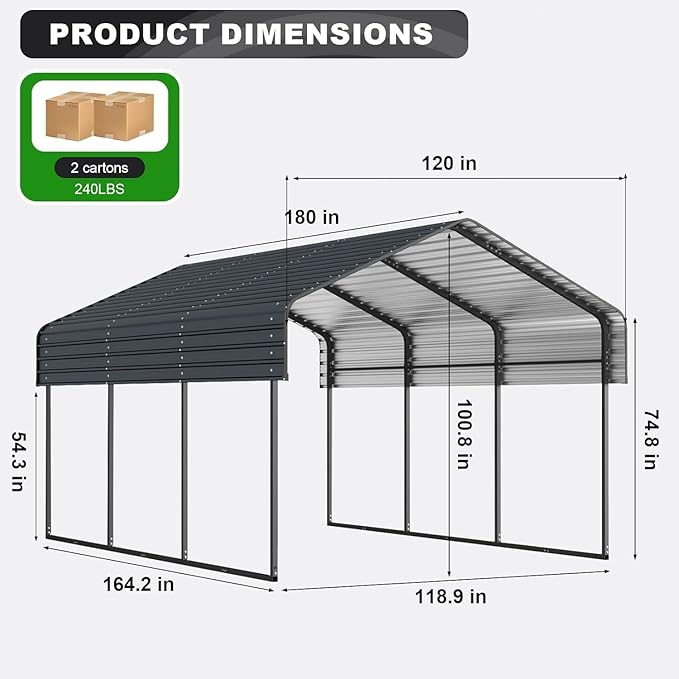 10x15 FT Metal Carport, Outdoor Garage Car Shelter Shade with Galvanized Metal Roof, Heavy Duty Car Port for Car, Truck and Boats, Dark Gray