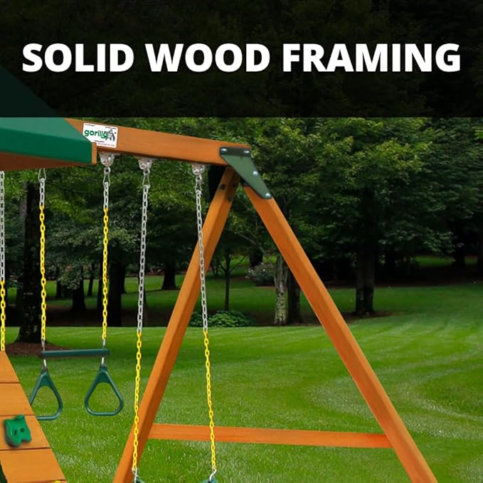 Gorilla Playsets 01-1033 Ozark II Wood Swing Set with Green Vinyl Canopy, Rock Wall, and Punching Ball