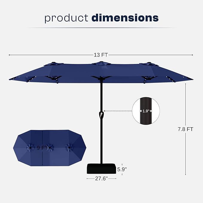 13FT Double-Sided Patio Umbrella with 48 Solar LED Lights, Large Rectangular Outdoor Market Umbrella with Crank Handle, Vented Canopy, Heavy-Duty 12 Rib Steel Frame, for Backyard, Garden, Pool, Navy