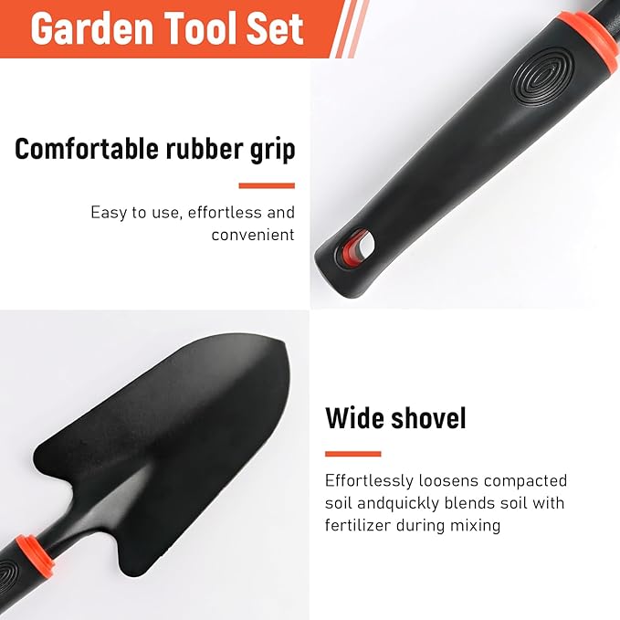 Heavy Duty Gardening Tool Set with Ergonomic Handle, 5Pcs Set Includes Rake, Shovel, Hand Hoe, Double-Sided Cultivator & Weed Puller Tool for Digging, Transplanting, Weeding£¨5Pcs£©