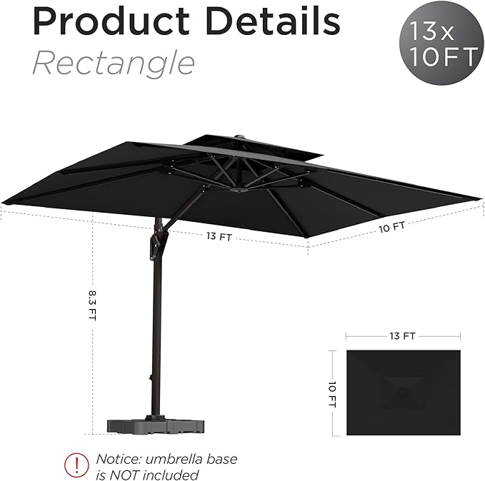 10' X 13' Patio Umbrella with Base Included Outdoor Large Rectangle Offset Cantilever Umbrellas Double Top Heavy Duty Windproof with 360-degree Rotation for Pool Garden Deck, Black