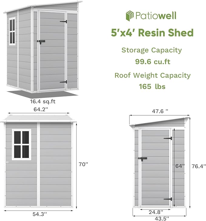 Patiowell 5x4 FT Outdoor Storage Shed, Resin Storage Shed with Floor & Lockable & Window Door for Patio Furniture, Garden Tools and Bicycle, Light Gray