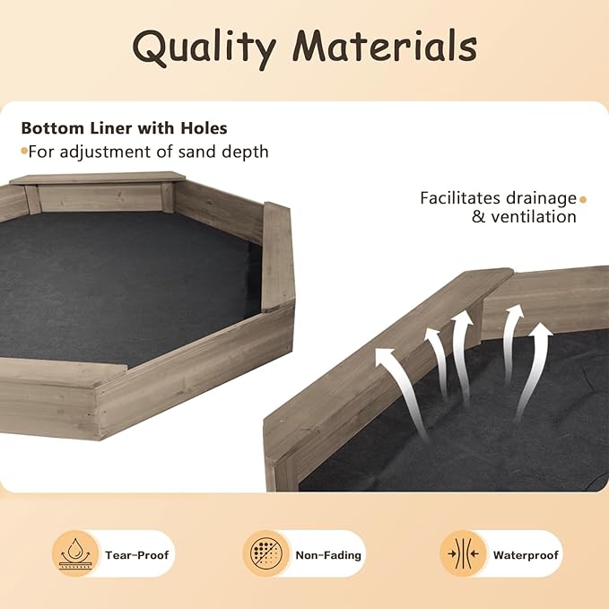 Wooden Octagonal Sandbox with Cover, Outdoor Sandpit with 4 Bench Seats, Sand Box for Children, Beach for Backyard, Patio, Garden (Coffee)