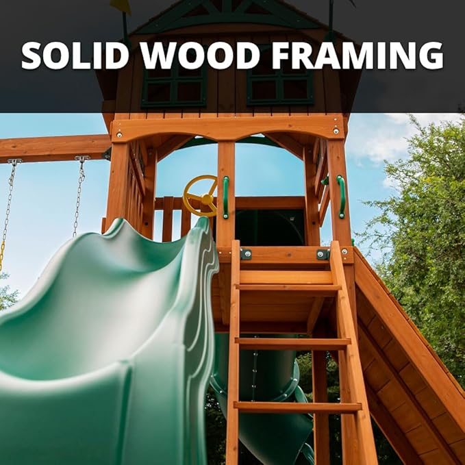 Gorilla Playsets 01-1075-Y Outing Wood Swing Set with Wood Roof and Twister Tube Slide - Yellow Slides, Amber