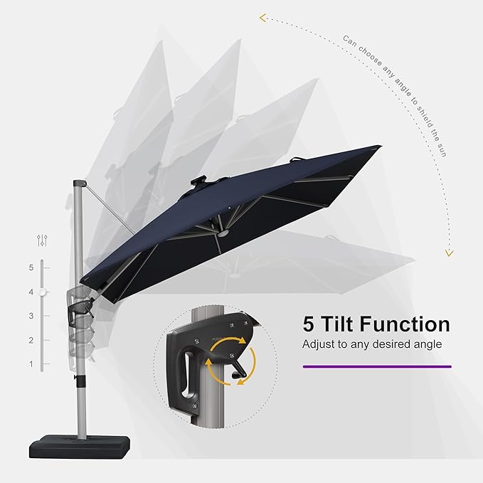 PURPLE LEAF Patio Umbrella with base 10 Feet Outdoor Square Cantilever Umbrella Solar Powered LED with 360-degree Rotation for Garden Deck Pool Patio, Navy Blue