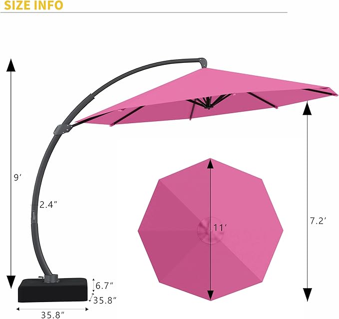 Kingdura 11ft Offset Cantilever Patio Umbrella with Base Included, Large Round Aluminum Outdoor Umbrella, 360° Rotation & Infinite Tilt, Heavy Duty Frame for Deck Pool Backyard, Rose Pink
