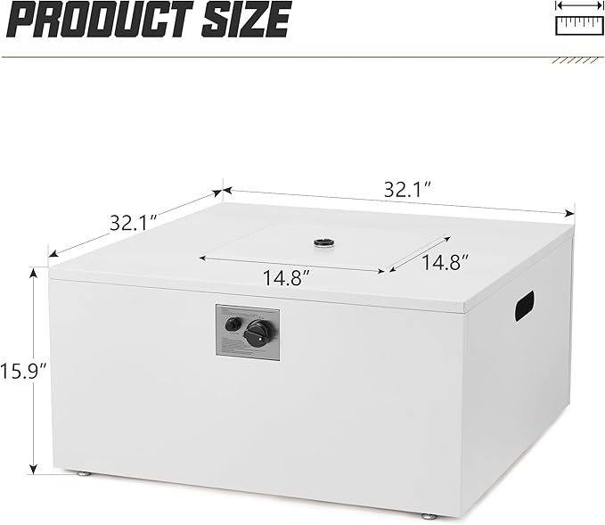 ECOTOUGE 32 Square Propane Fire Pit Table, 50,000 BTU Outdoor Gas Fire Pit with Lid, Steel Fireplace w/Weather-Resistant Pit Cover, Lava Rocks for Patio, CSA Certified, White