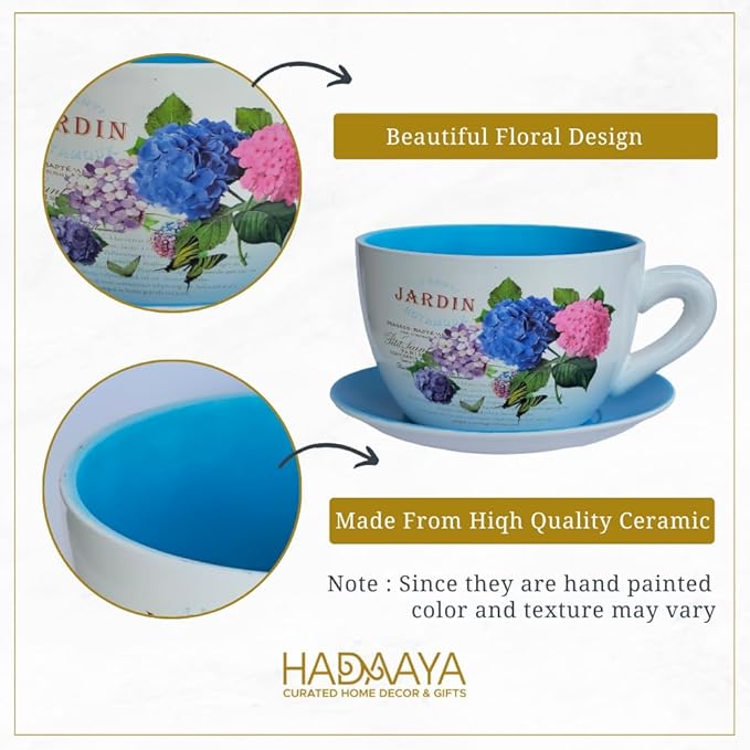 7.5" Ceramic Teacup Planter Pot with Saucer | Ideal for Succulents, Orchids, Herbs & Flowers | Indoor Use| Thoughtful Gift for Christmas, Birthday & More – Blue Hydrangea Jardin