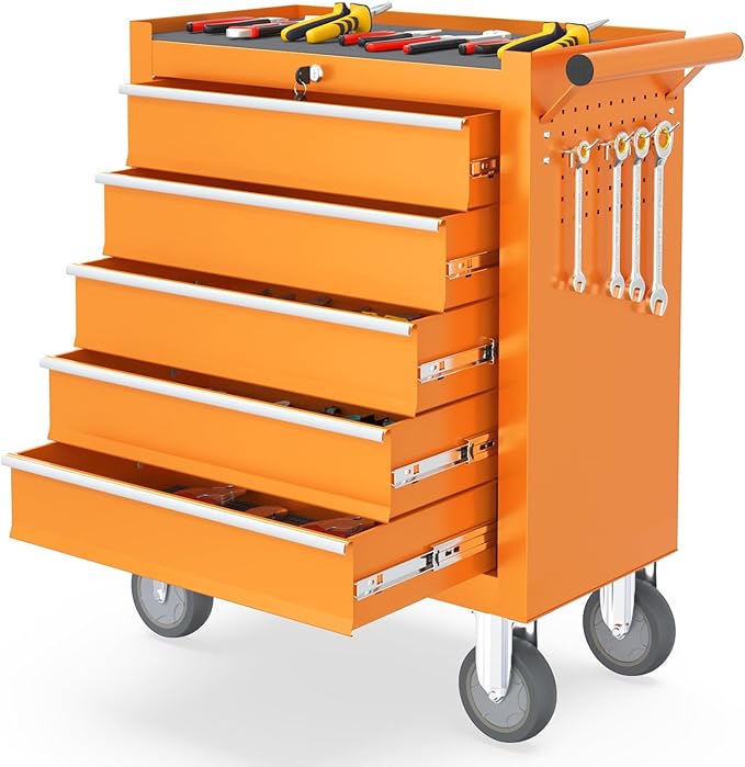 5 Drawers Rolling Tool Chest, Portable Storage Tool Box with Wheels, Tool Chest with Lock for Warehouse, Garage, Repair Shop and Tool Room (Orange)