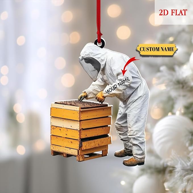 GABITA Personalized Beekeeper Ornament, Custom Name 2D Flat Beekeeping Tool Box Christmas Tree Decoration, Beehive Ornament Xmas Tree Decor, Gift for Bee Farmer