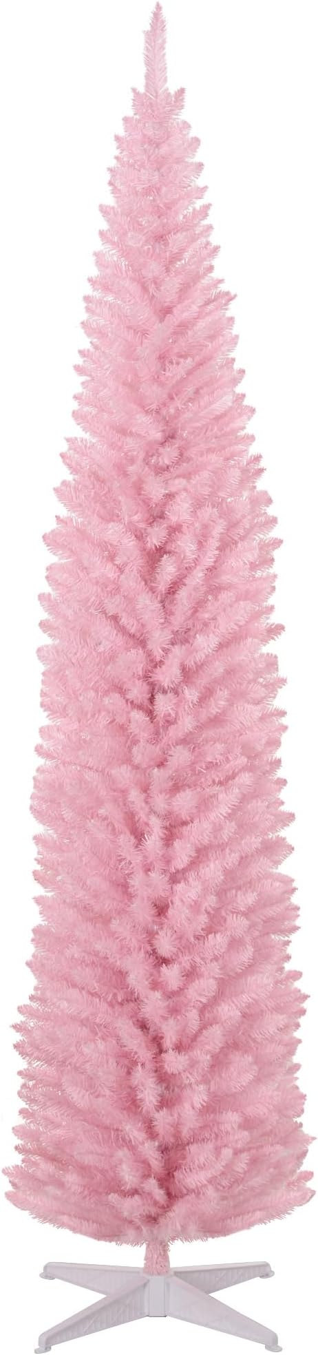 HOMCOM 8' Artificial Pencil Christmas Tree, Slim Xmas Tree with 618 Realistic Branch Tips and Plastic Stand, Pink