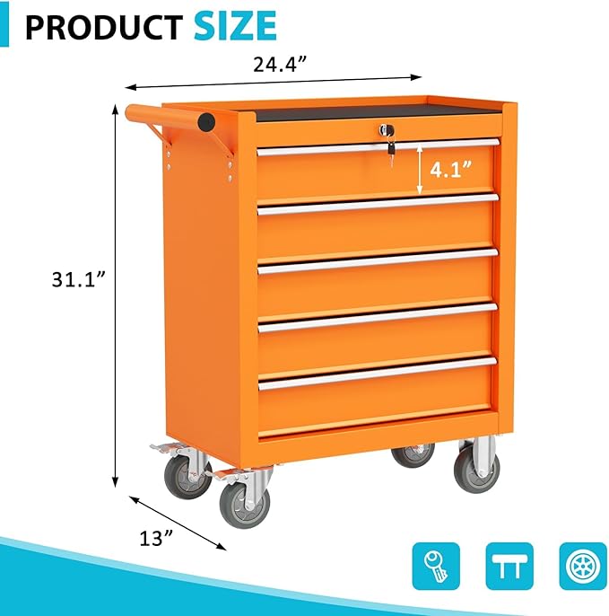 5 Drawers Rolling Tool Chest, Portable Storage Tool Box with Wheels, Tool Chest with Lock for Warehouse, Garage, Repair Shop and Tool Room (Orange)
