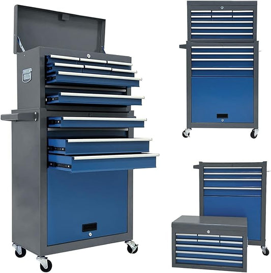 13-Drawer Rolling Tool Chest,Toolbox with Wheels,Tool Cabinets with Drawers, Top Detachable Tool Box with Hooks Handles for Workshop Mechanical Garage (blue£¦grey)